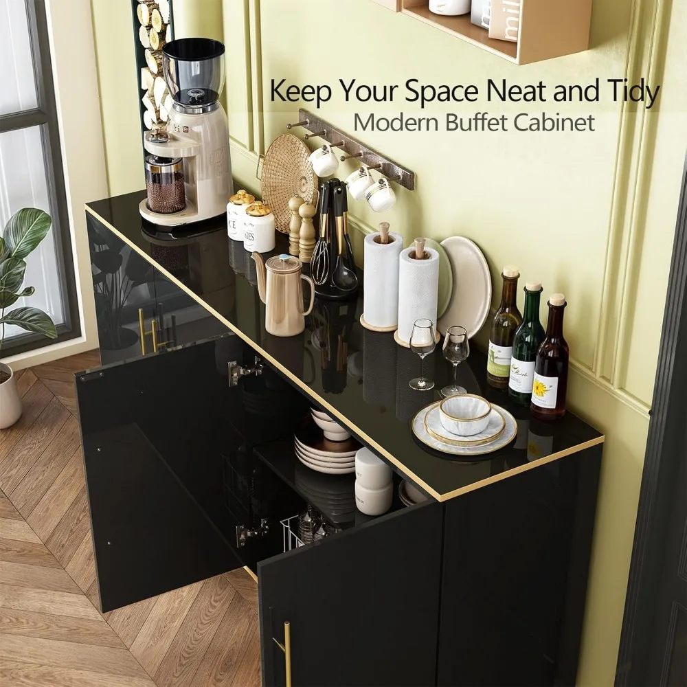 63" Buffet Sideboard Cabinet with Storage, High Glossy Coffee Bar Cabinet with Adjustable Shelves & Doors, Modern Storage Consol 5