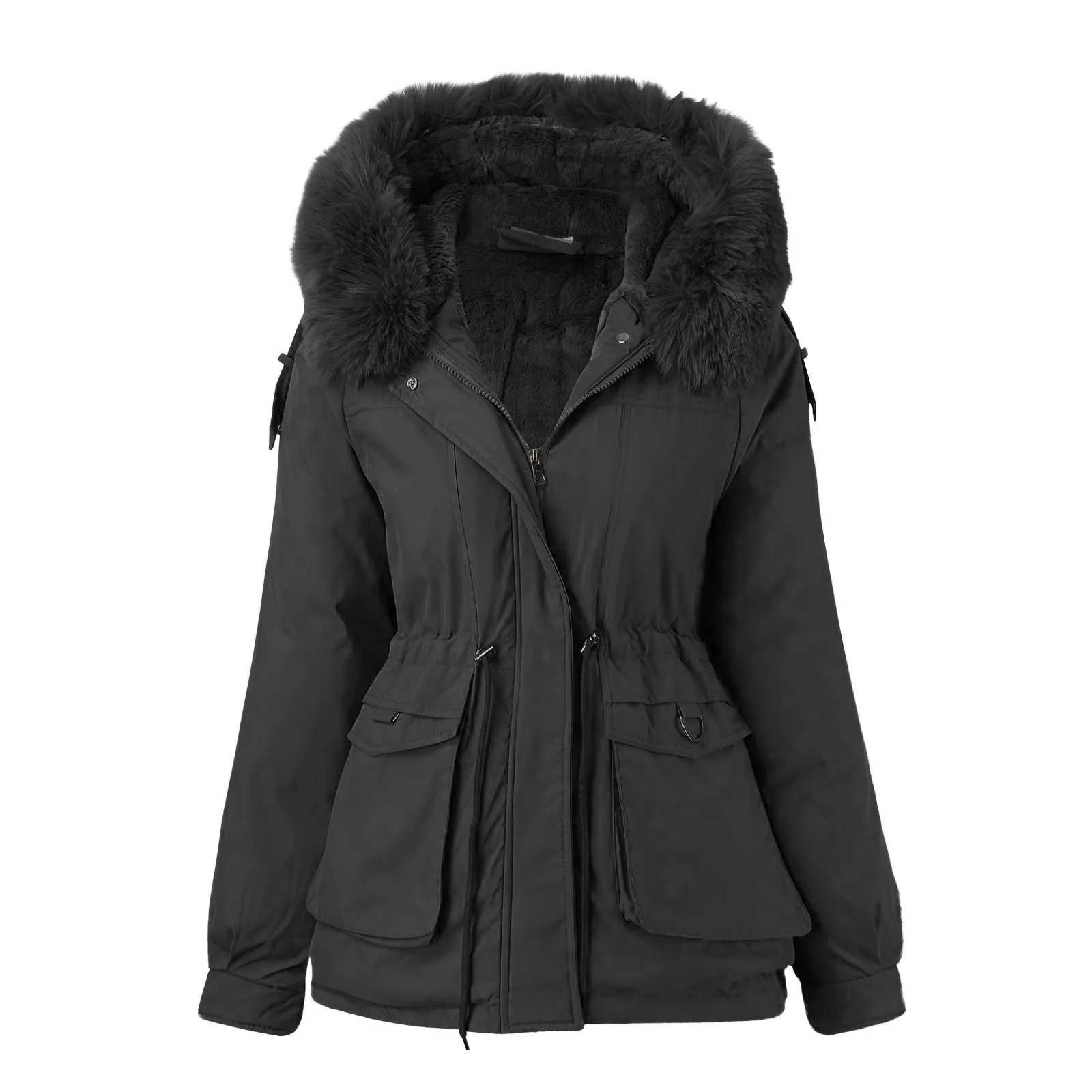 

Women Winter Warm Coats Solid Color Hooded Thickened Jackets Double Pocket Design Drawstring Coats Overcoat