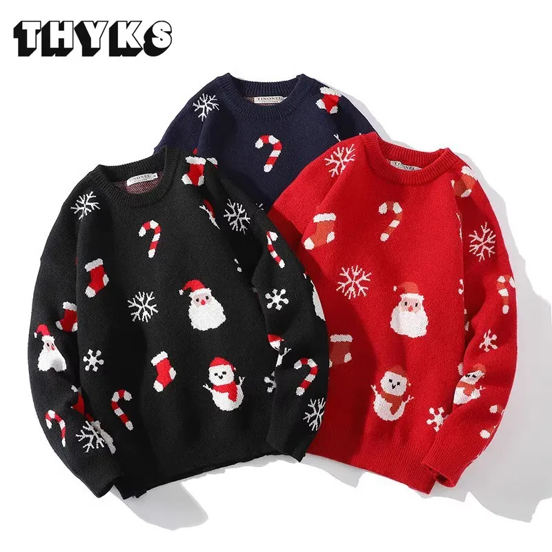 

Autumn/Winter Santa Claus Printed Sweater Men's Large Loose Warm Knitted Sweater Solid Color Round Neck Versatile Pullover Top