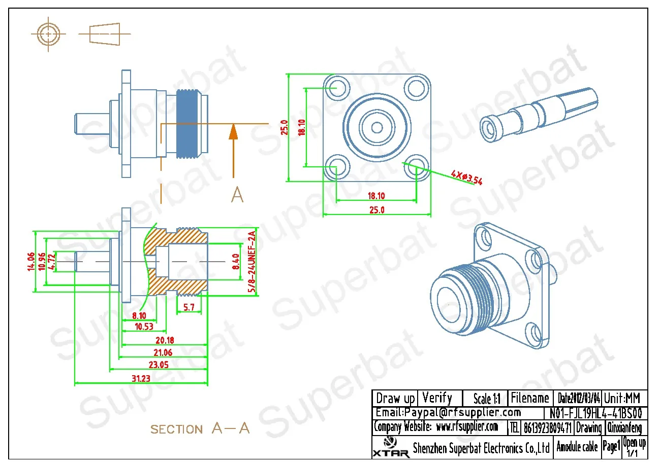 N Female 4 Hole Panel Mount RF Coaxial Connectors for Wifi Antenna