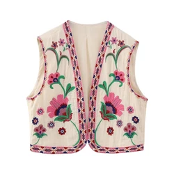 Women's Vintage Floral Embroidered Open Waistcoat - National Style Vest Jacket for Casual Outfits and Vacations (Embroidery)