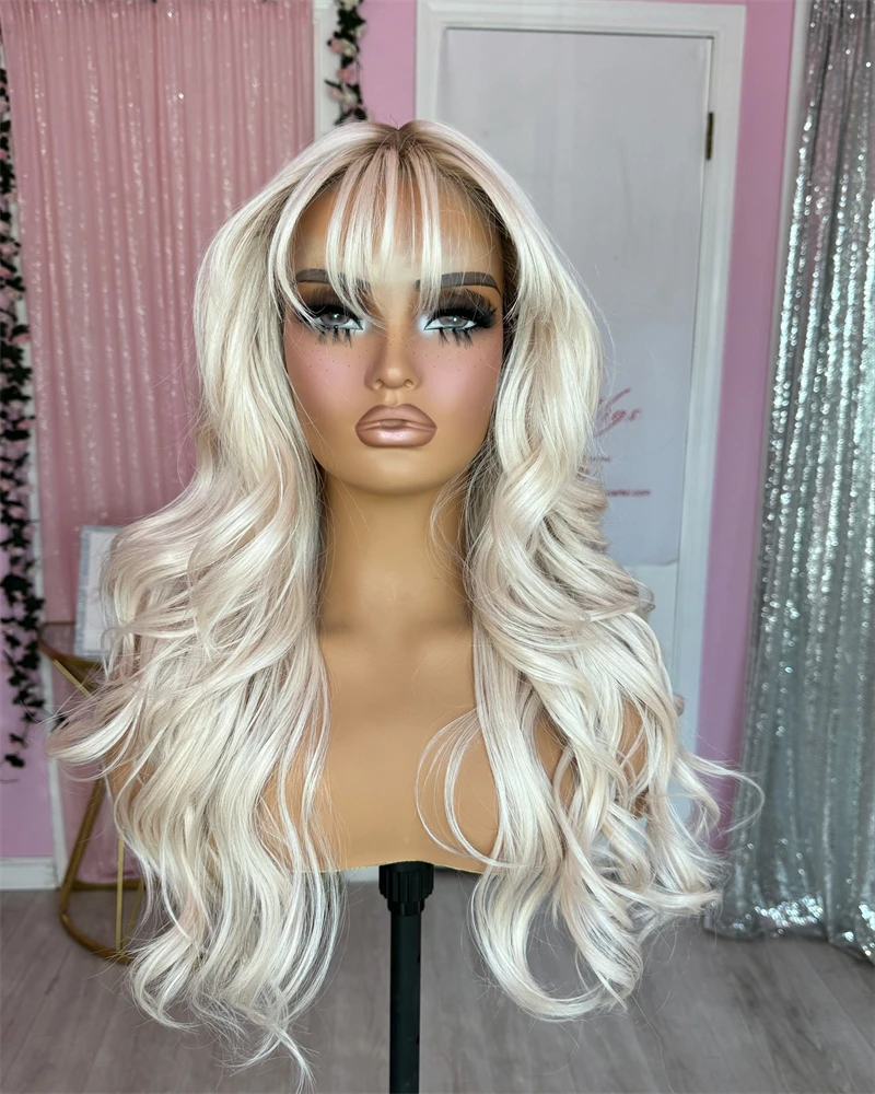Natural Fringe Bouncy Wavy Synthetic Wig with Bangs White Blonde Icy Dark Roots Futura Fibre Lace Top Wig Women