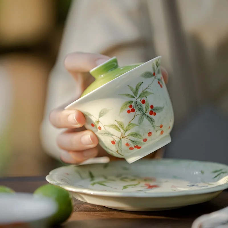 Cuipiao Cherry Hua Chu Gaiwan Hand Painted Home Ceramic Brewing Bowl Kung Fu Tea Set with Lid Heat Resistant Chinese Style Cup