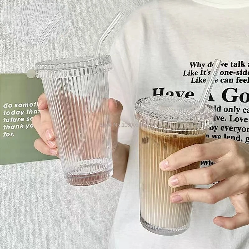 375ml Stripe Glass Cup With Lid Straw Japanese Style Drinking Chic Mugs