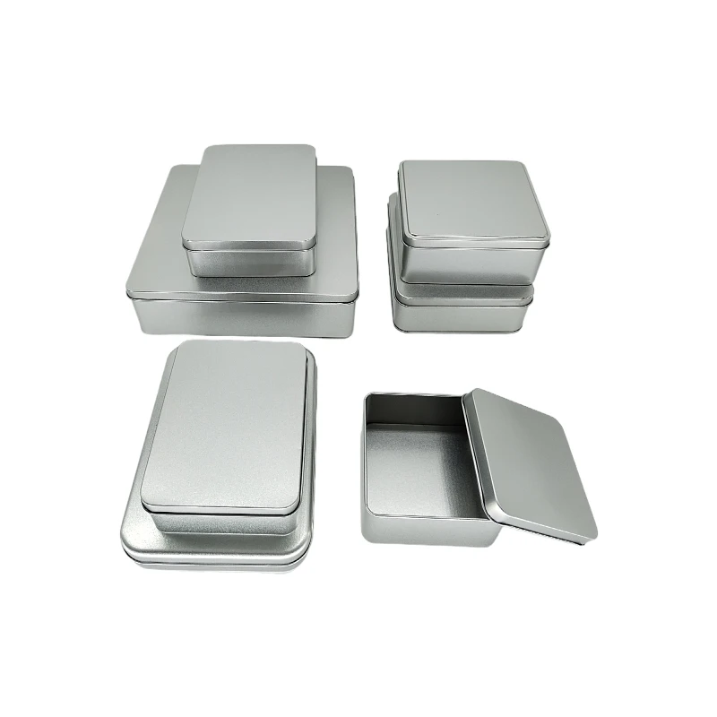 5Pcs 정사각형 직사각형 라운드 서리로 덥은 실버 상단 및 하단 뚜껑 철 상자 동전 보석 Tinplate 저장 상자 작은 금속 상자
