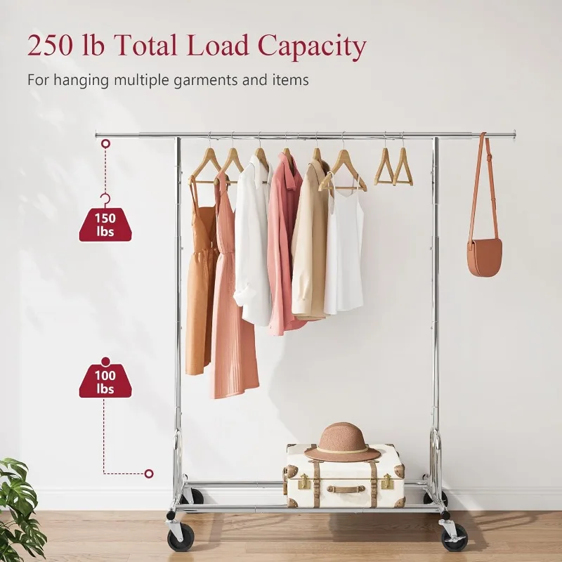 Heavy Duty Clothes Rack Foldable Garment Rack with Wheels and Extendable Rod, Freestanding Clothing Rack 6