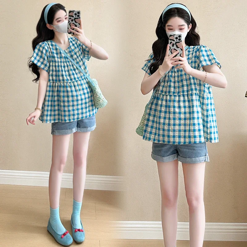 느슨한 맞는 격자 무늬 Babydoll 출산 탑 여름 짧은 소매 오-넥 패션 인쇄 Cottagecore 임신 착용 대형 셔츠