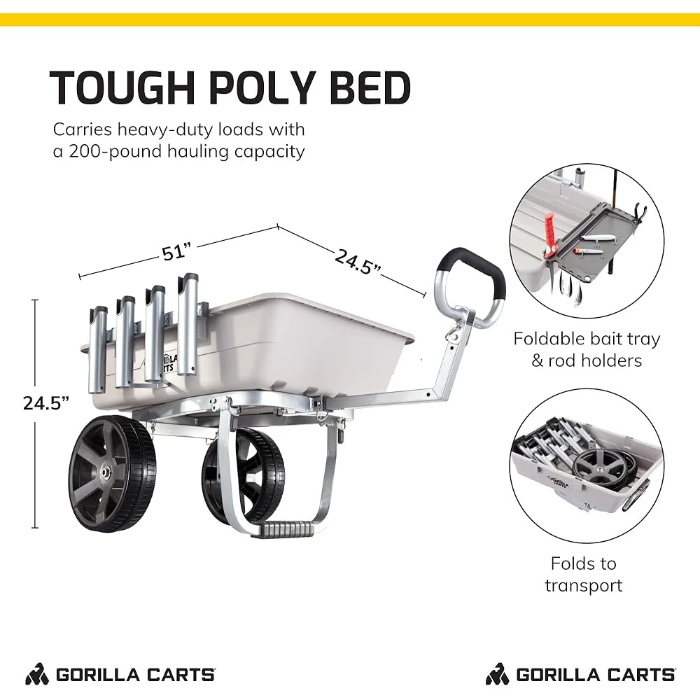 Heavy Duty Fishing Cart Marine Utility Wagon All Terrain Tires with Rod Holders and Foldable Bait Tray 200lb Capacity
