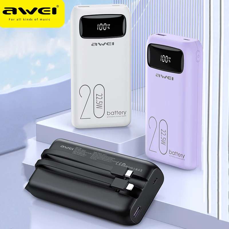 Awei P169K 20000mAh Portable Powerbank Built-in Type-C Cables Output Fast Charging With Lightning Cable LED Display Powerbank