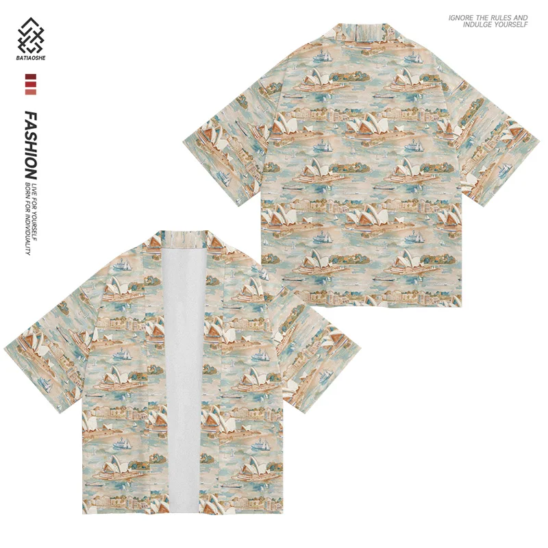 

National Tide Wind Building Small Print Trend Casual Coat Kimono Dao Robe Male National Wind Feather Woven Coat Loose Shirt