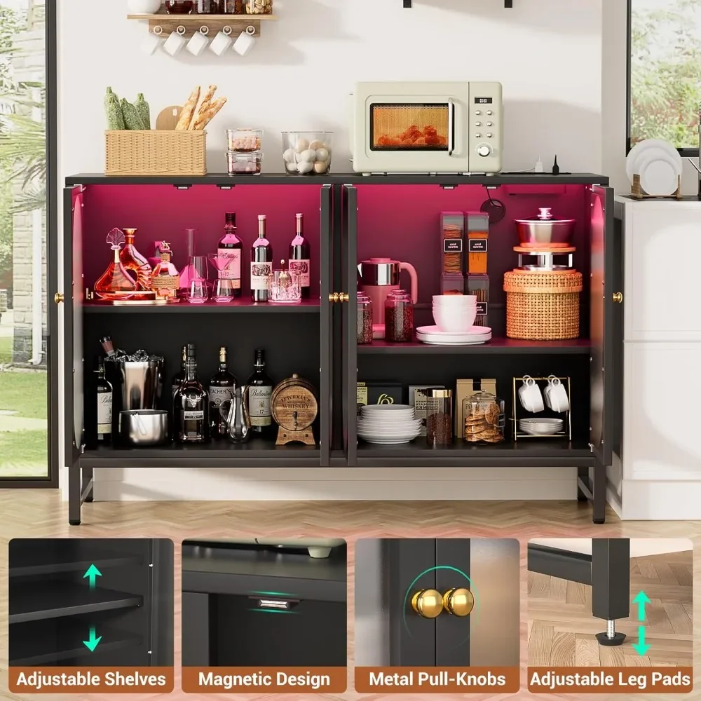 Sideboard Buffet Cabinet with Power Outlet, Accent Cabinet with LED Light, Sideboard Storage Coffee Bar Table