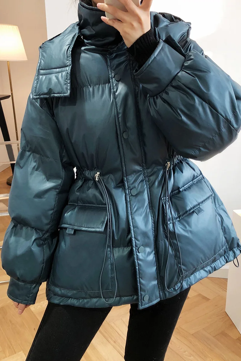 2021 New Women Winter Coat Long Sleeve Windproof Warm Lace-Up Slim Waist Women Blue Hooded Coat Casaco Feminino Women Coat black puffer coat with hood