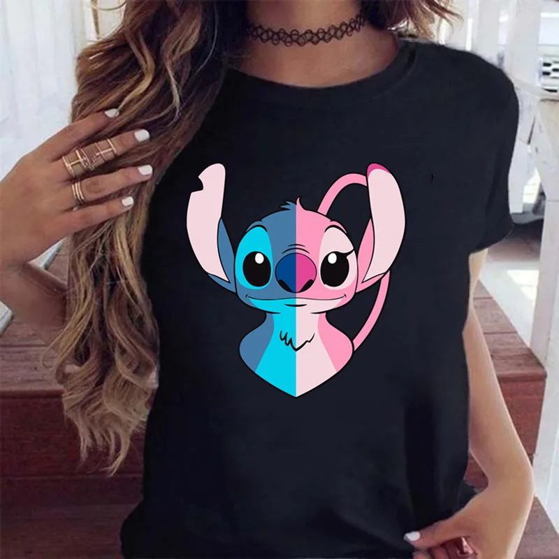 New Fashion Female Clothing Cartoon Disney Stitch Women's T-shirt Summer Short Sleeve Black Tops 6