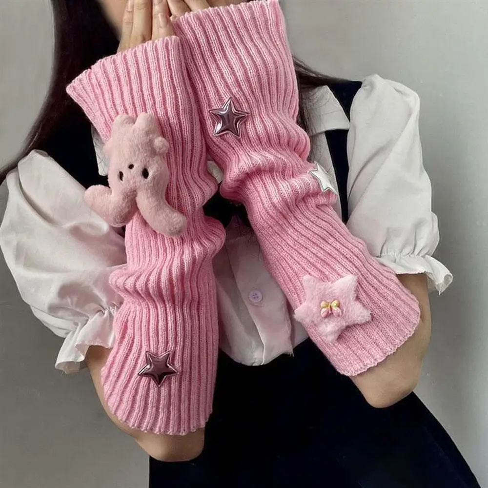 Winter Cartoon Rabbit Star Arm Sleeves For Women Thick Warm Knitted Arm Warmers Long Sleeve Y2k Fingerless Gloves Gothic Mitten