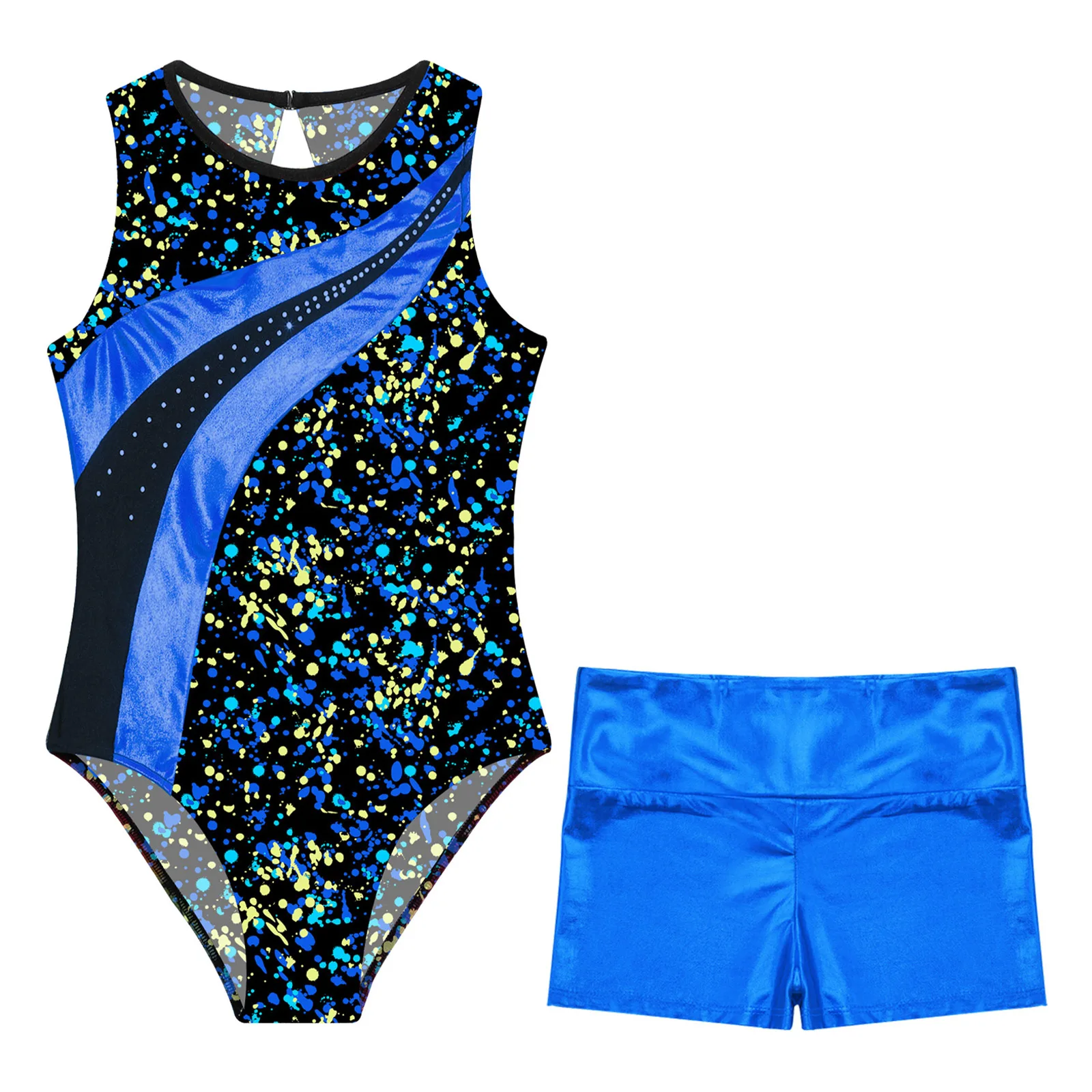 Children Dancing Skating Jumpsuit Kids Girls Sleeveless Print Rhythmic Gymnastics Bodysuit with Shorts Yoga Ballet Dance Leotard