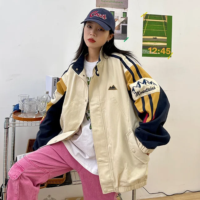 

Куртка мужская с воротником-стойкой, уличная яркая бейсбольная унисекс куртка в стиле оверсайз, в стиле Харадзюку, осень