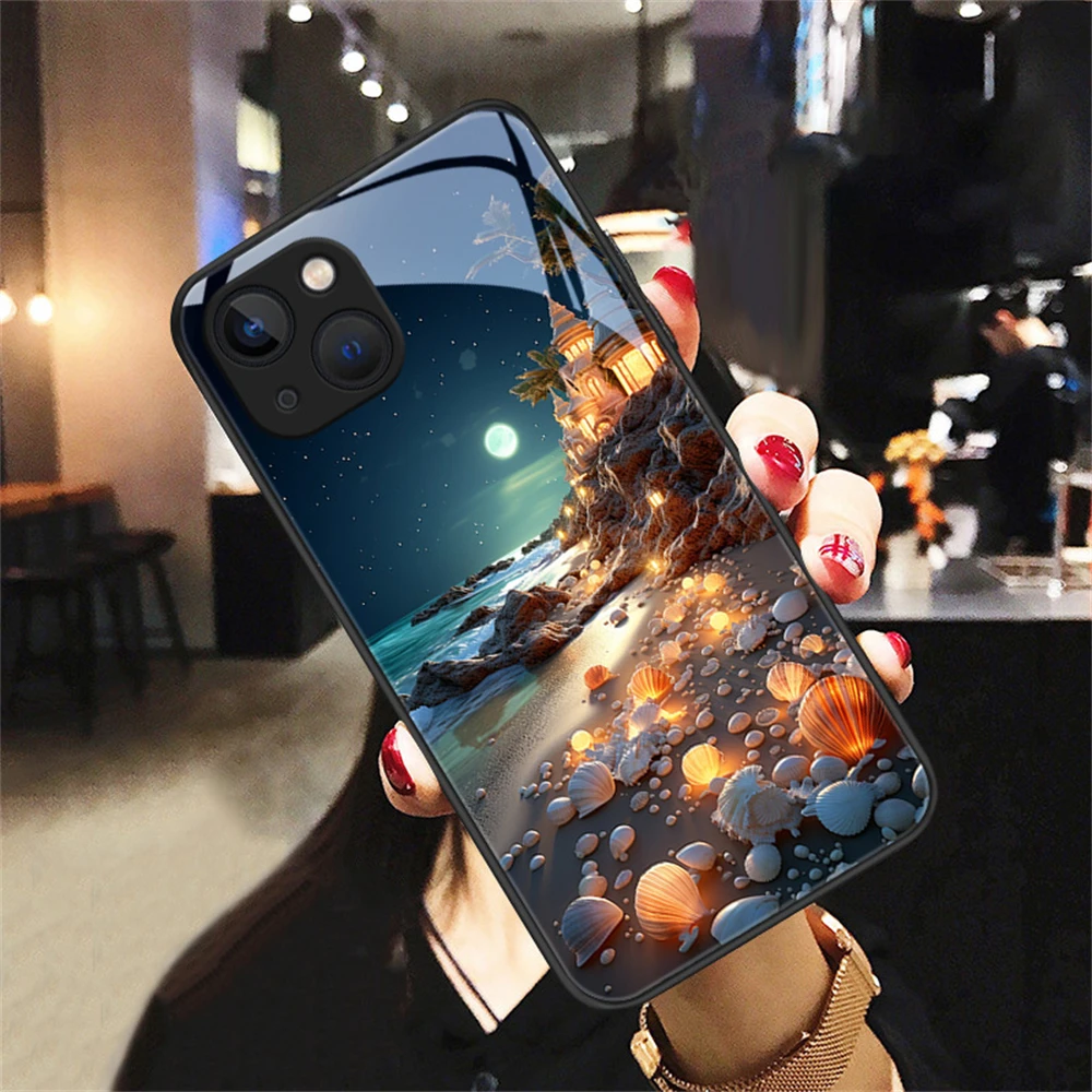 2024 New Arrival Love Beach Smart LED Light Glow Tempered Glass Phone Case For iPhone 15 14 13 12 11 Pro Max XR XS Plus SE2020