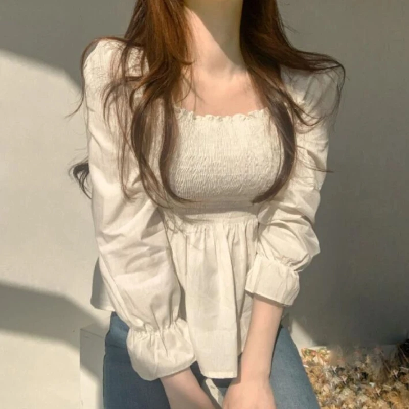 Square Neck Slim Shirt for Women Elegant White Blouse Long Sleeve Tops Office Lady Fashion New 8023