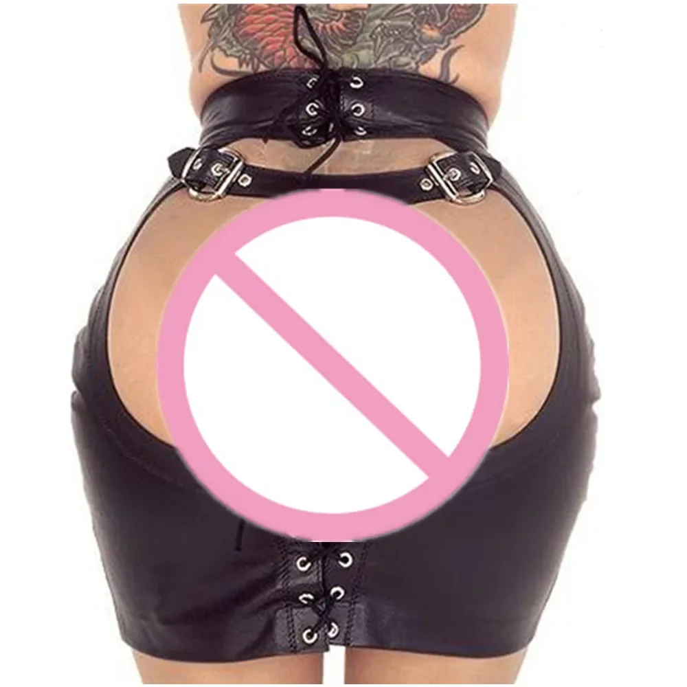 

G-String Fetish Bodycon Package Hip Skirt Micro Mini Skirts Women Sexy Black Lace Up PVC Latex Bondage Spanking Skirt