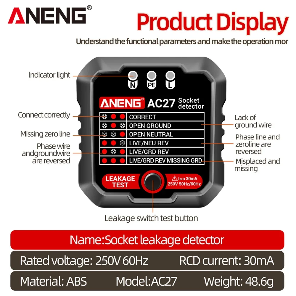 ANENG AC27 Socket Tester Voltage Test Socket Detector Ground Zero Line Polarity Phase Check Tool Circuit Checker  EU/US Plug 4