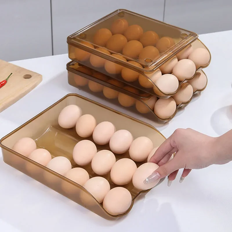 

Automatic Rolling Egg Box Multi-layer Rack Holder for Fridge Fresh-keeping Box Storage Containers Anti-fall Kitchen Organizers