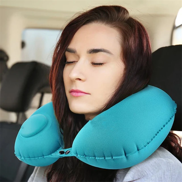  Almohada para el cuello para viajar, almohada clásica de apoyo  para el cuello, almohada inflable automática de viaje, almohada de cuello  almohada portátil para siesta en forma de U, azul, gris