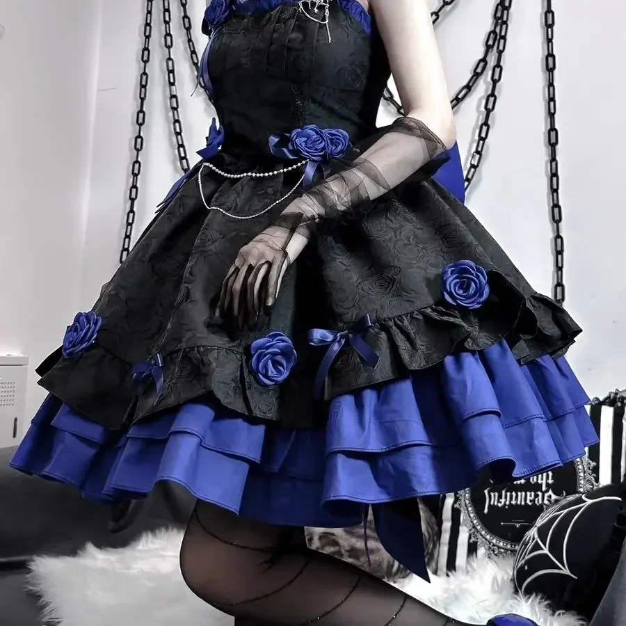 COALFELL Vintage Blue Gothic Lolita Jsk Dress Women Elegant Rose Ruffles Bow Princess Dresses Halloween Girls Tea Party Dress