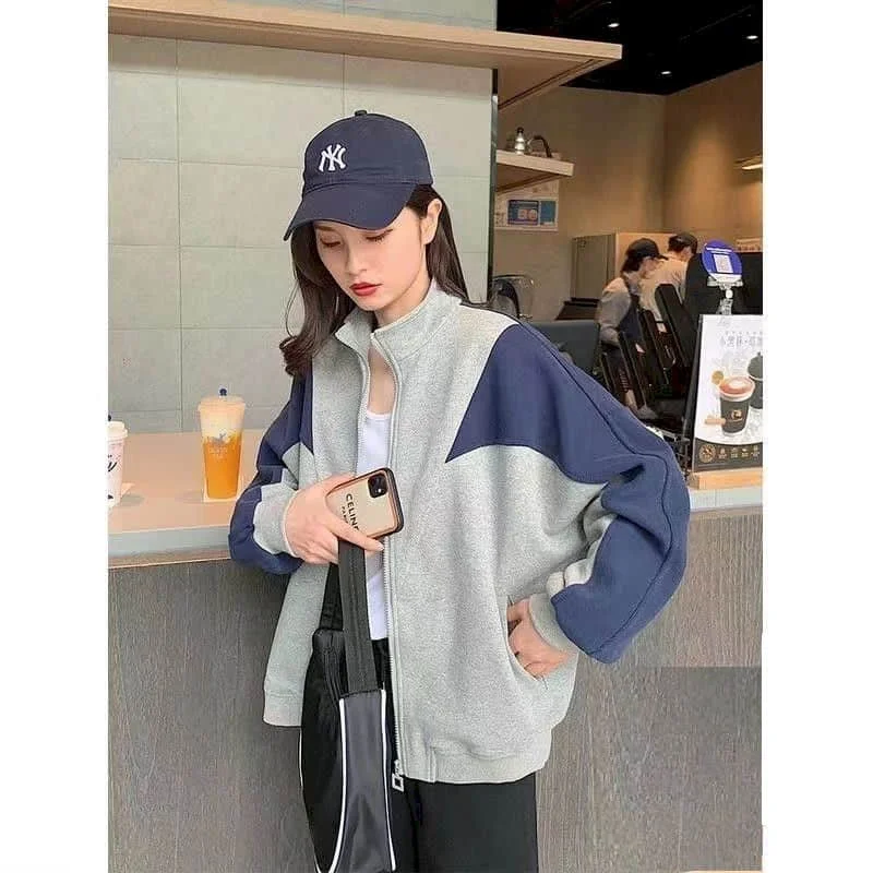 thumbnail image 1 of Chaquetas para mujer, moda coreana, cuello alto holgado, sudaderas con capucha de manga larga, cárdigans de gran tamaño, abrigos con cremallera, ropa informal para mujer, 1 of 4