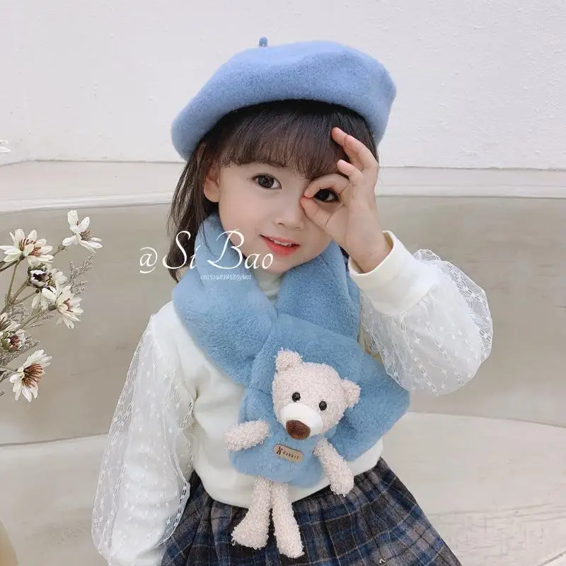 Imitation Rabbit Fur Children Scarf Cute Cartoon Bear Plush Cross Collar Kids Scarf Winter Warm Thicken Boys Girls Scarves