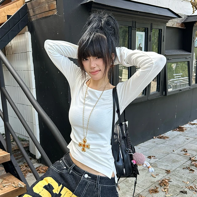 Tonngirls American Retro Print T-shirt Women Long Sleece Button Graphic Tops Y2k Tops 2000s Japanese Grunge Tops E-girls Autumn 6