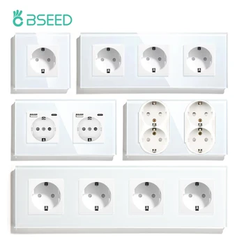 Bseed ช่องเสียบผนัง EU แบบคู่พร้อม USB, ซ็อกเก็ตไฟฟ้าสามหัว Type-C พอร์ตชาร์จเร็วเต้าเสียบสายไฟ16A สีขาว 1