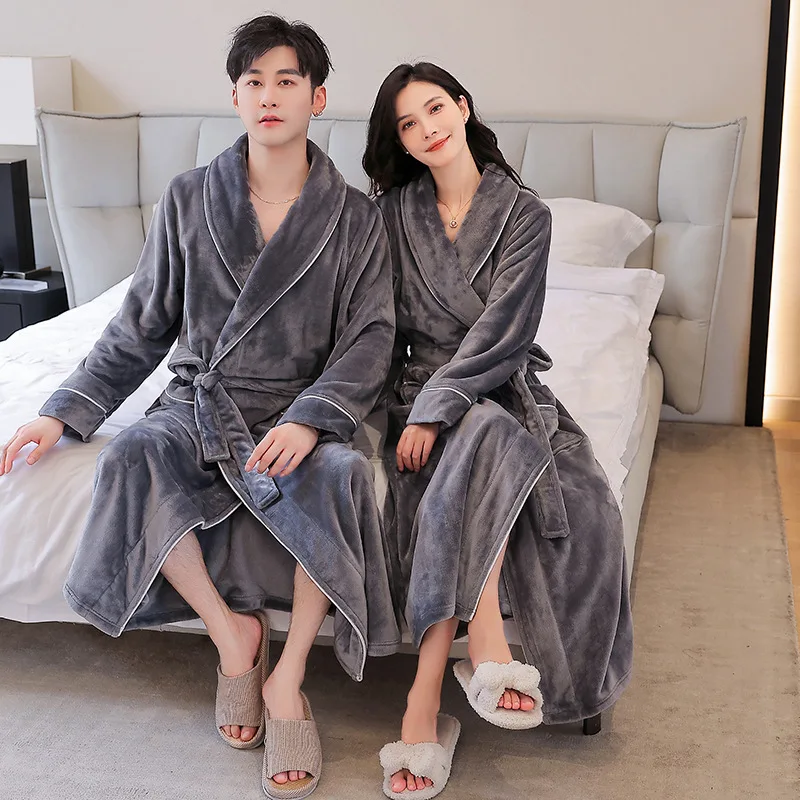 

Warm Winter Nightgown Couple Shower Robes Coral Fleece Robe Women Men Kimono Bathrobe Loose Sleepwear Peignoirs Loungewear