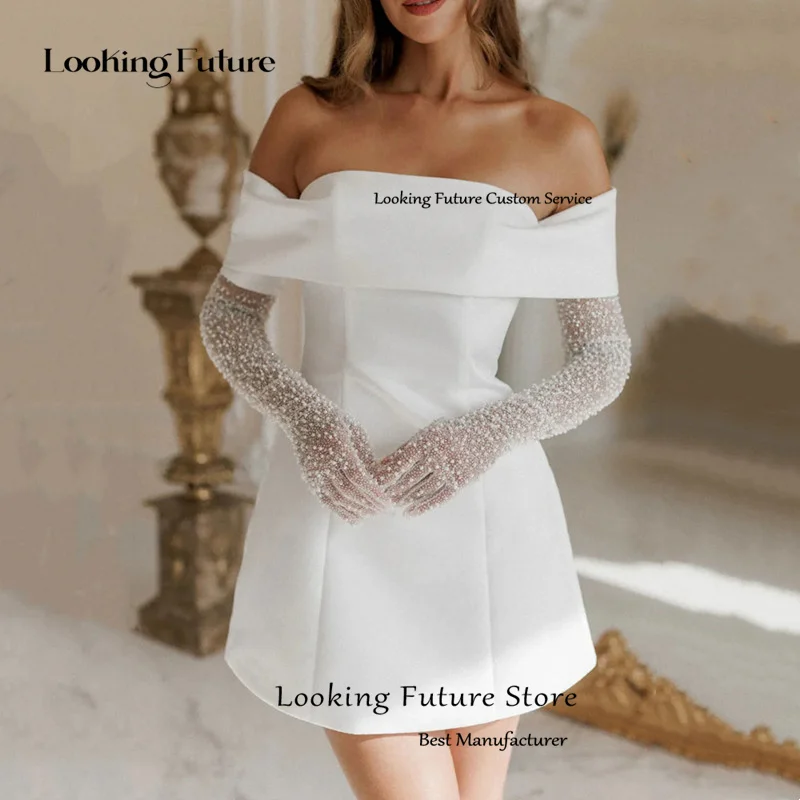 Simple A-Line Mini Wedding Dresses Elegant Long Sleeves Pleat Pearls Strapless Sexy Backless with Lace Up Short Gowns Customized 15 S1999e36c078e4b6f85d68fc9d226d74aF