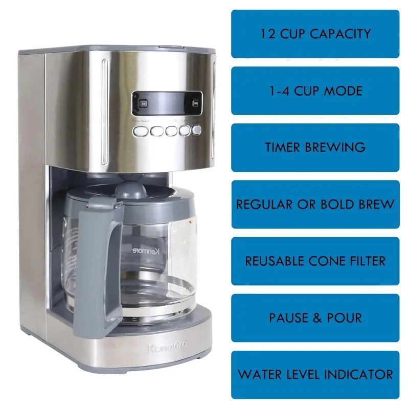 12 cup Drip Coffee Machine Reusable Filter Programmable Timer Digital Display Charcoal Water Filter Regular Bold Stainless Steel 3