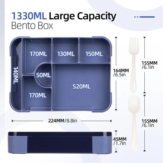 Boîte à Bento divisée, boîte à déjeuner micro-ondes de grande capacité avec fourchette cuillère récipient alimentaire étanche pour la rentrée scolaire Camping cuisine 2