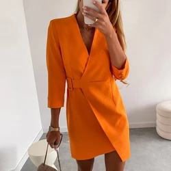 Vestido informal de manga larga para mujer, vestido femenino de fiesta con cuello en V, cinturón lateral, Blazer, Color liso, para otoño