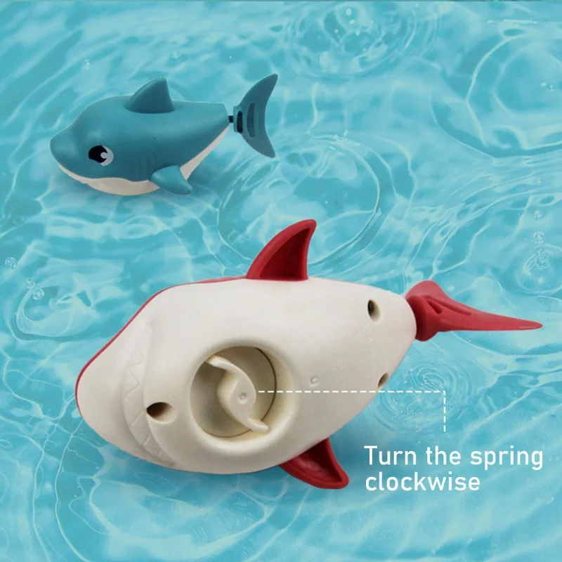 1PCS Toddler Bath Toys Cute Cartoon Swimming Shark Clockwork Wagging Tail Rotating Device Beach Baby Bath Tub Wind Up Toy 5