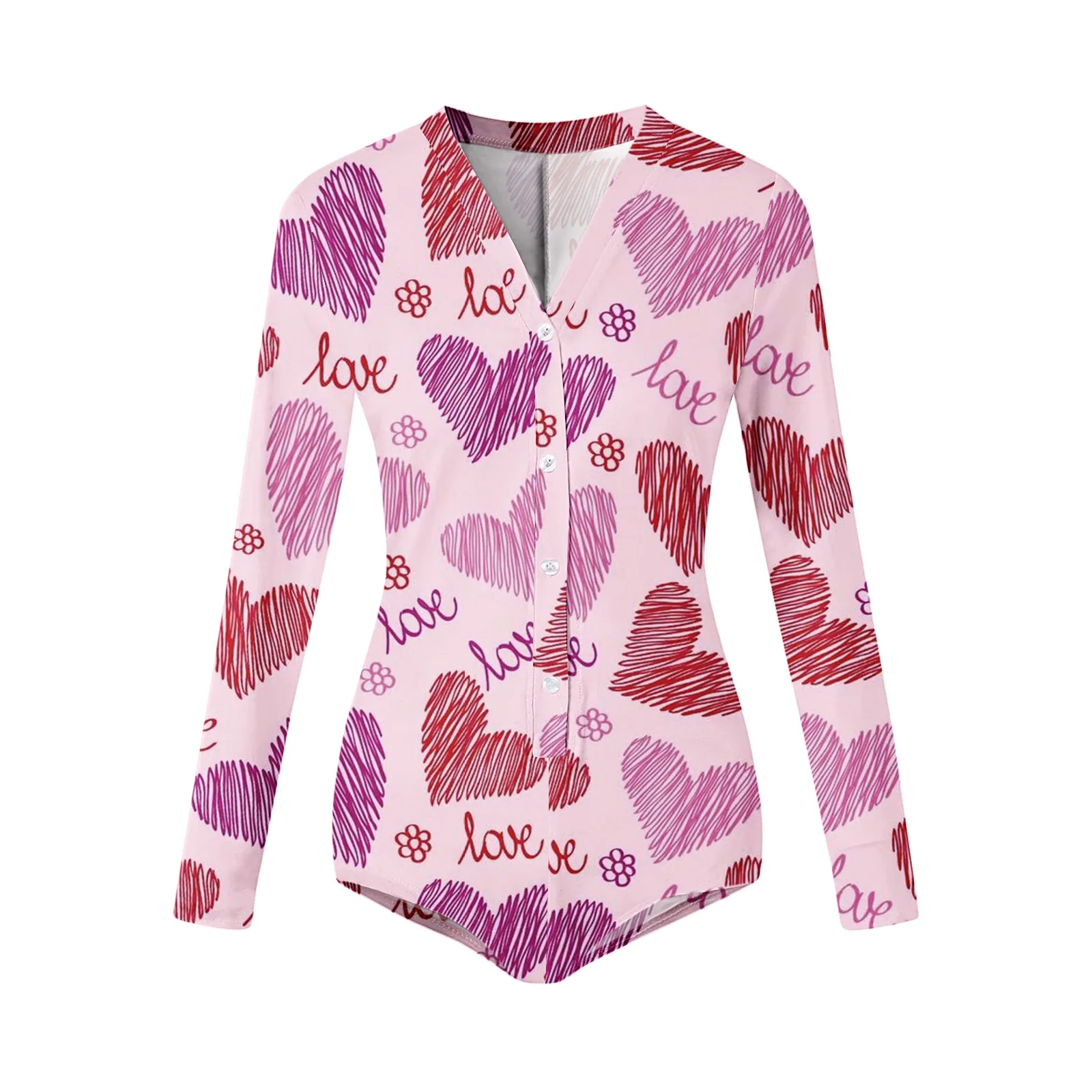 Valentines Day Women Onesie Pajamas Buttoned Butt Flap Jumpsuit Sleepwear Mouth Lips Heart Printed Adults Onesies Pyjama