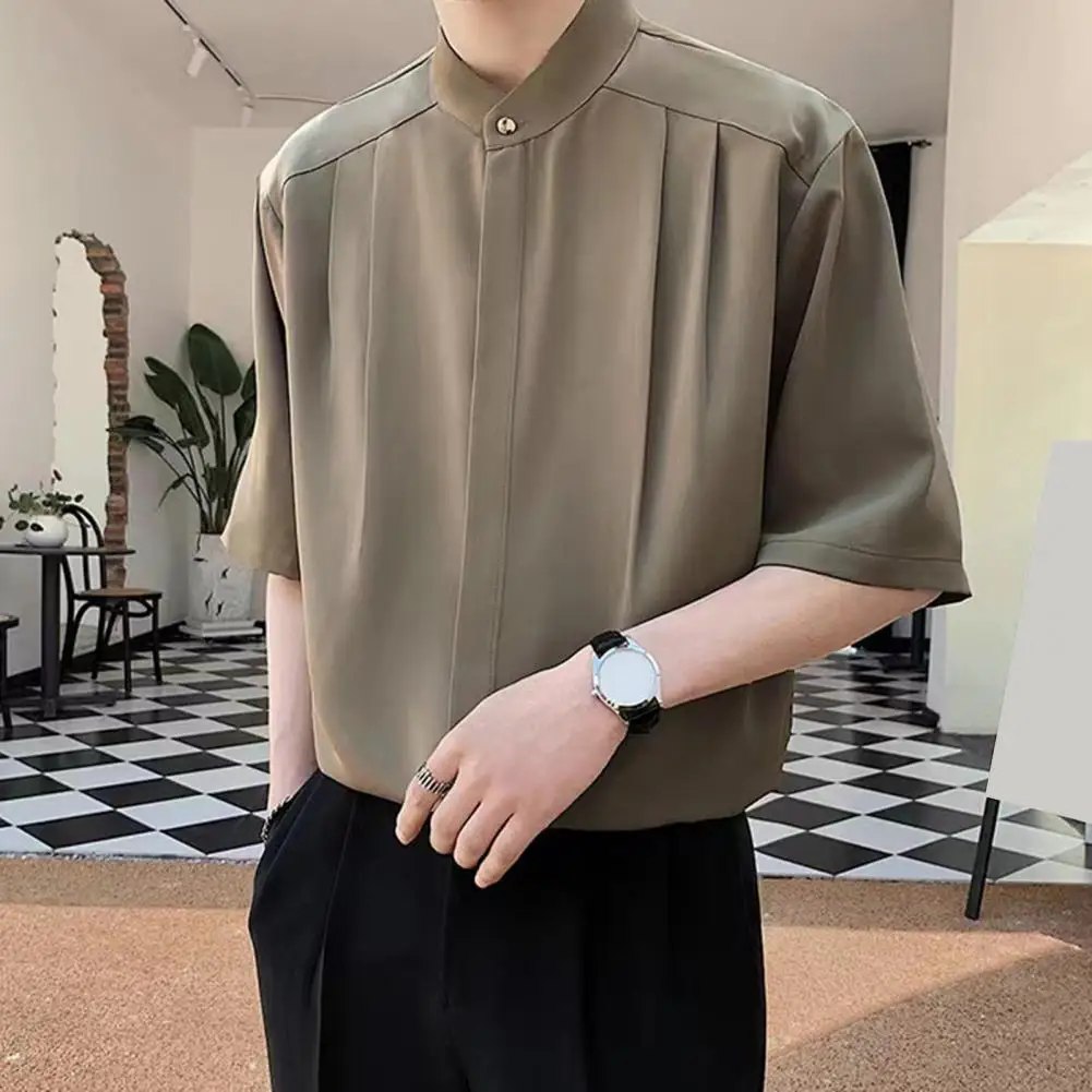 Men Top Soft Texture Stylish Stand Collar Ice Silk Cardigan Summer Office Wear Pleated Loose Fit Half Sleeves Casual
