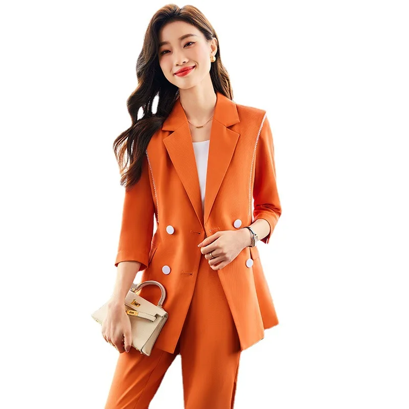 

Spring Women Work Business Wear Pant Suit Ladies Three Quarter Double Breasted Blazer Jacket and Trouser Formal 2 Piece Set