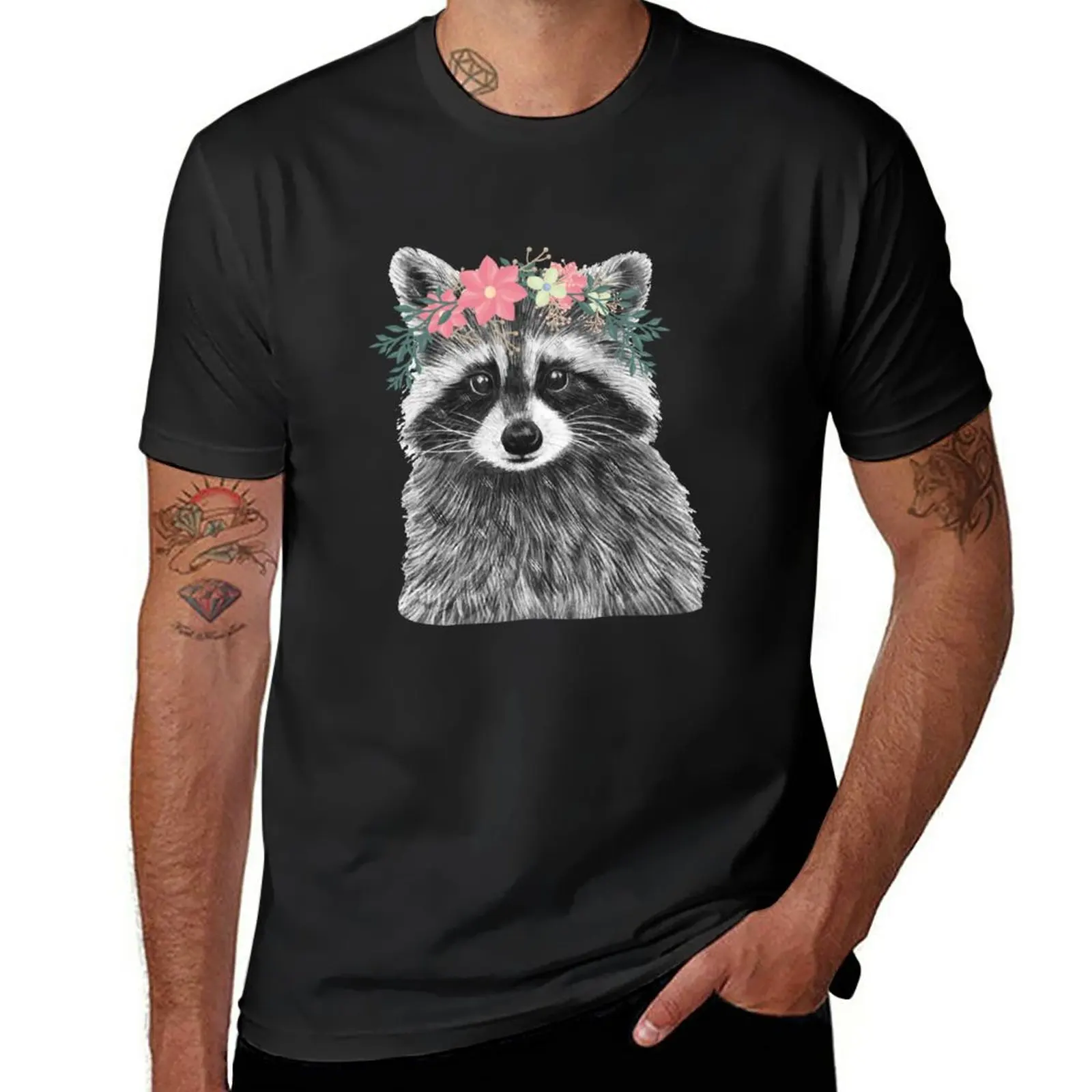 

Raccoon Floral Crown Flowers Funny Cute Animal Raccoon Gift T-Shirt customizeds aesthetic clothes mens graphic t-shirts hip hop