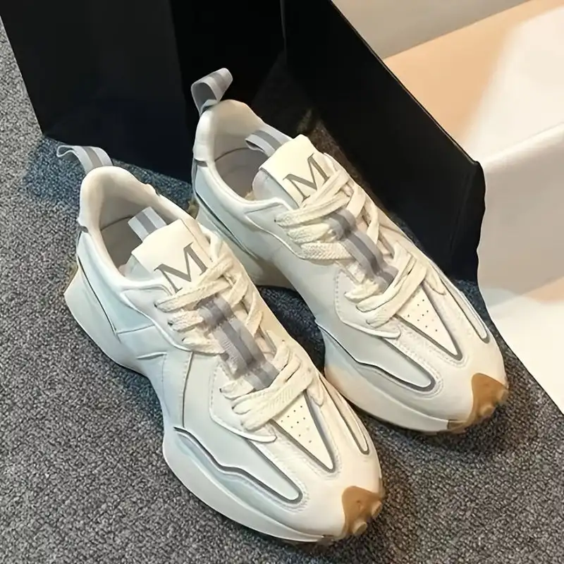

Women's Leather Sneakers, Breathable Stain Resistant Low Top Lace Up Comfortable Chunky Shoes