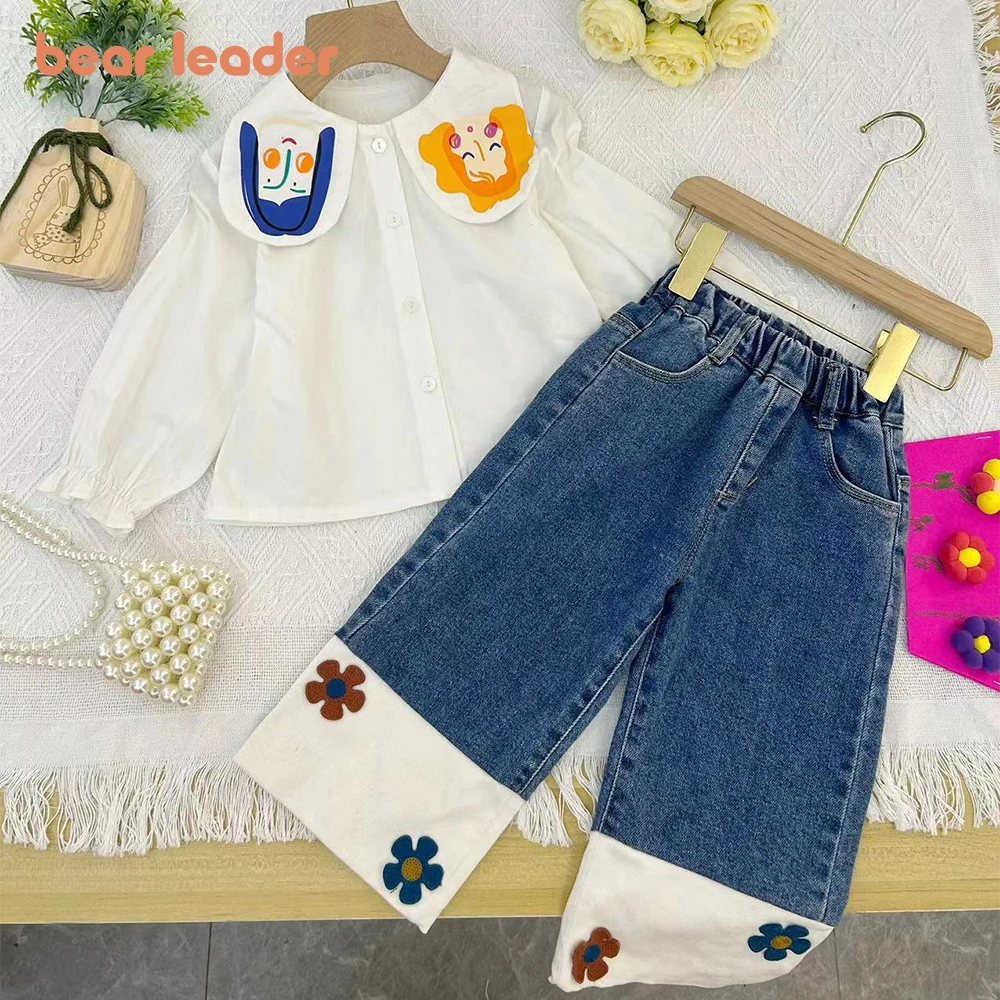 Bear Leader Girls' Set 2023 Autumn New Girls' Cartoon Polo Shirt Top+Panel Denim Pants Two Piece Set Children's Fashion Suits