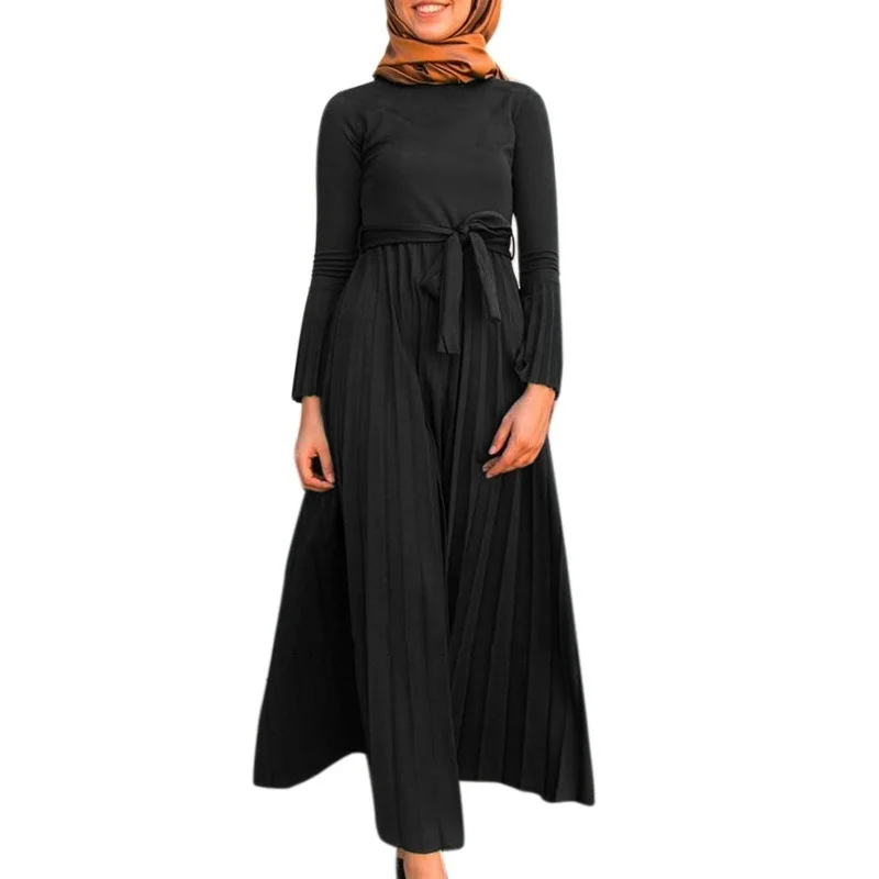Women Abaya Dubai Turkey Femme New European and American Female Long Skirt Pleated Bell Sleeve Dress Muslim Fashion Long Dresses