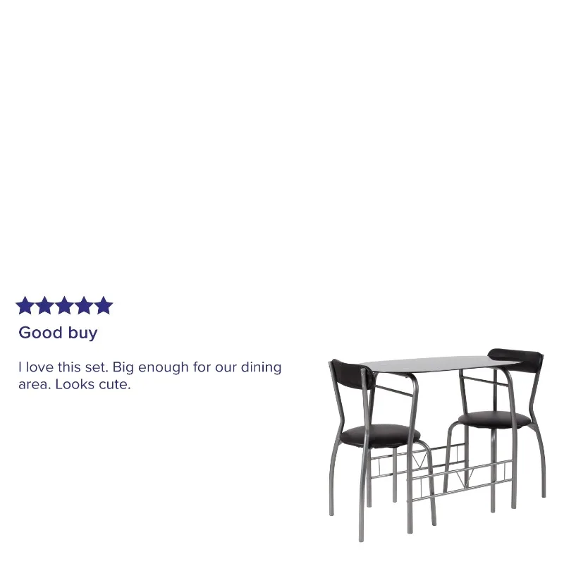 Sutton 3 Piece Space-Saver Bistro Set with Black Glass Top Table  Vinyl Padded Chairs 6