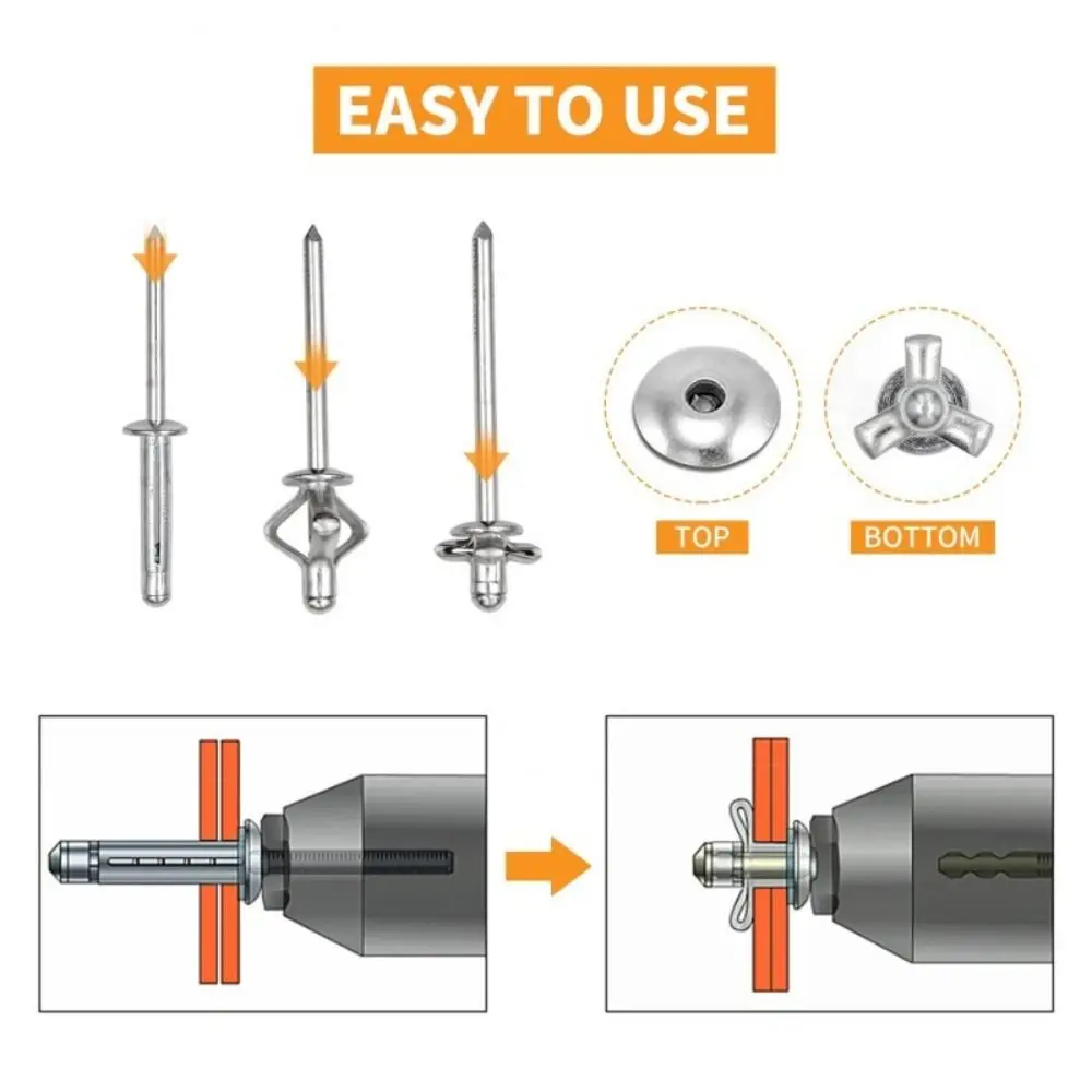 50pcs New 3.2mm 4.0mm 4.8mm Folding Blind Rivet Tri-fold Round Head Tri Grip Rivets Silver Exhaust Rivets