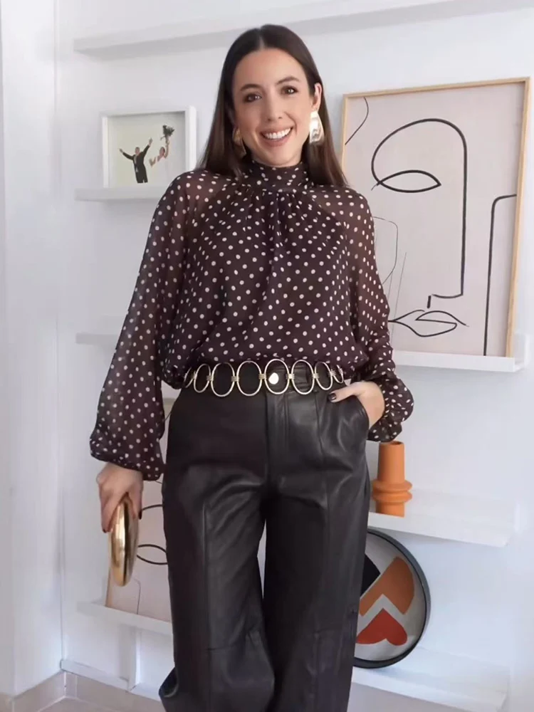 New Arrival Women Blouse Vintage Polka Dot Printed Casual Tops Fashion Bow Elegant Loose Long Sleeve Commuting Shirts Ladies