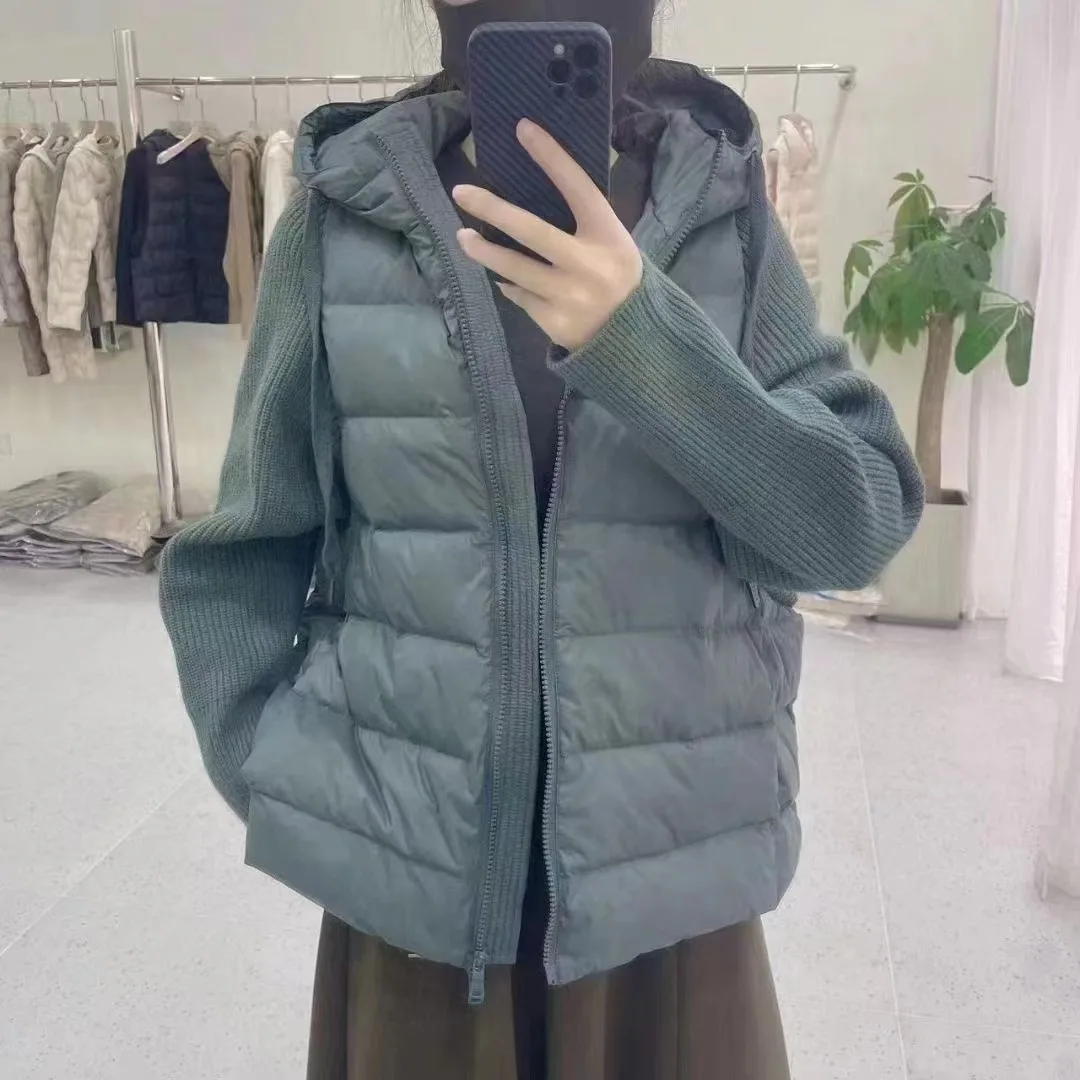 Down Jacket Women's Short Winter New Knitted Stitching Light White Duck down Hooded Loose Coat Tide