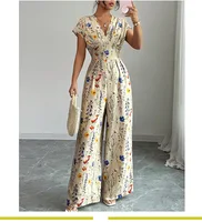Spring and Summer Women's European and American Classic Elegant Fresh Flower Print Short Sleeve High Waist Straight Leg Jumpsuit - Image 3