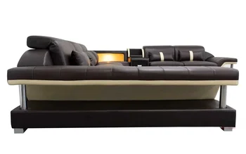 modern minimalist genuine leather sectional sofa set with built in storage and glass coffee table & tv stand living room